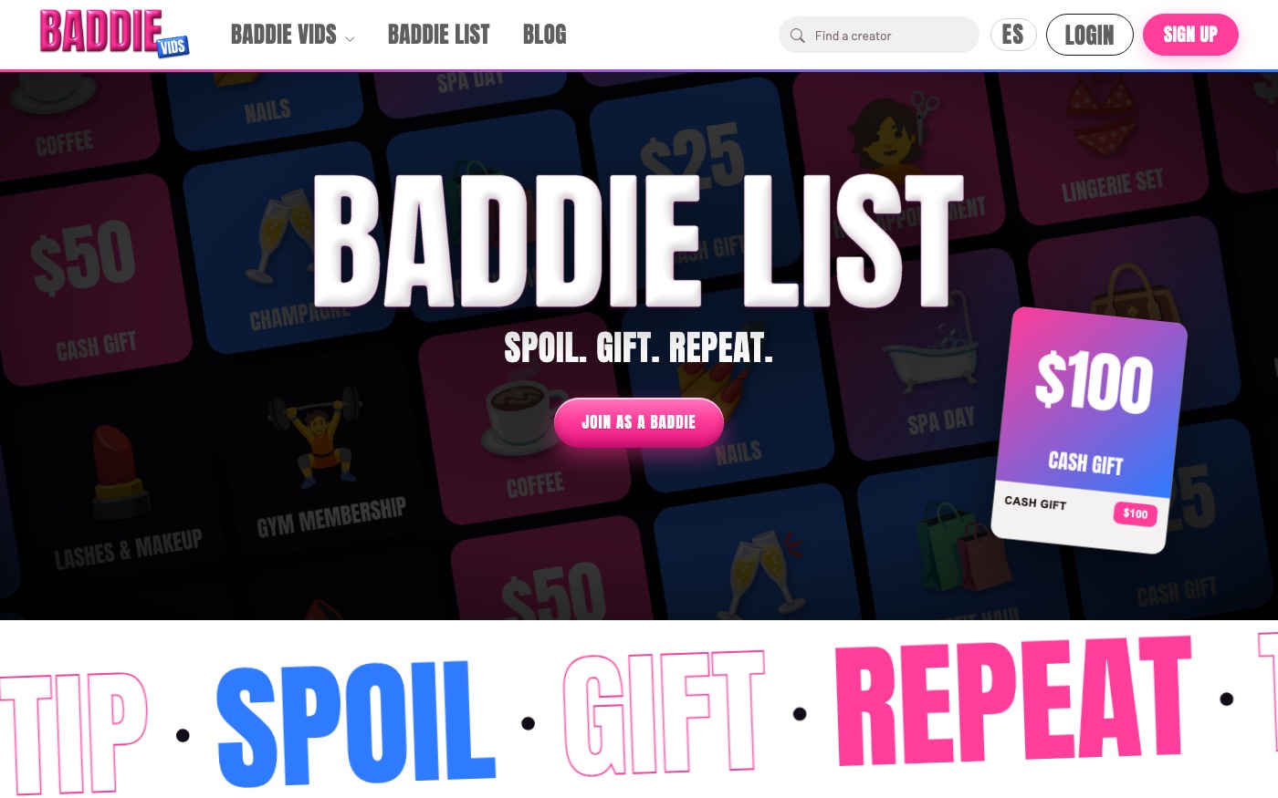Baddie List — gifts fans send to creators, fulfilled through the platform.