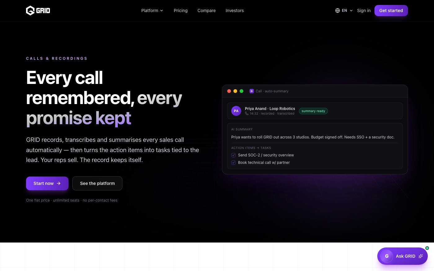 Calls and recordings, with AI notes written back to the deal.