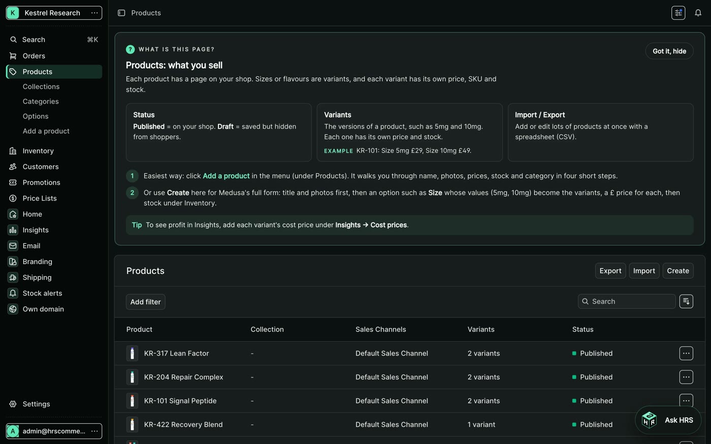 Products: the guided editor with sizes, prices, stock and a shop-style preview.