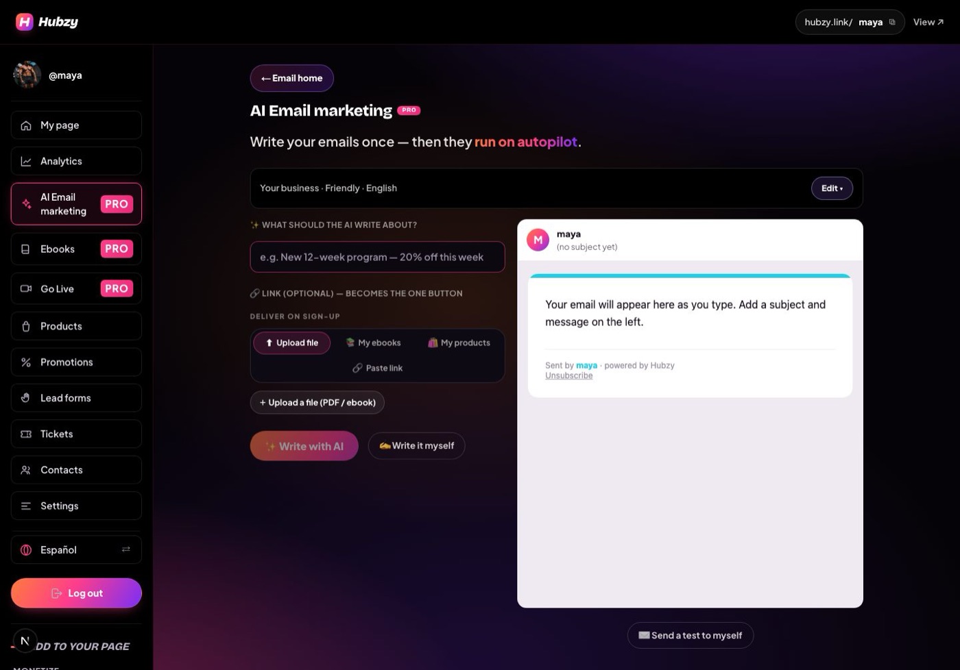 Compose: the AI writes the email in the creator's tone, with a live preview on the right.