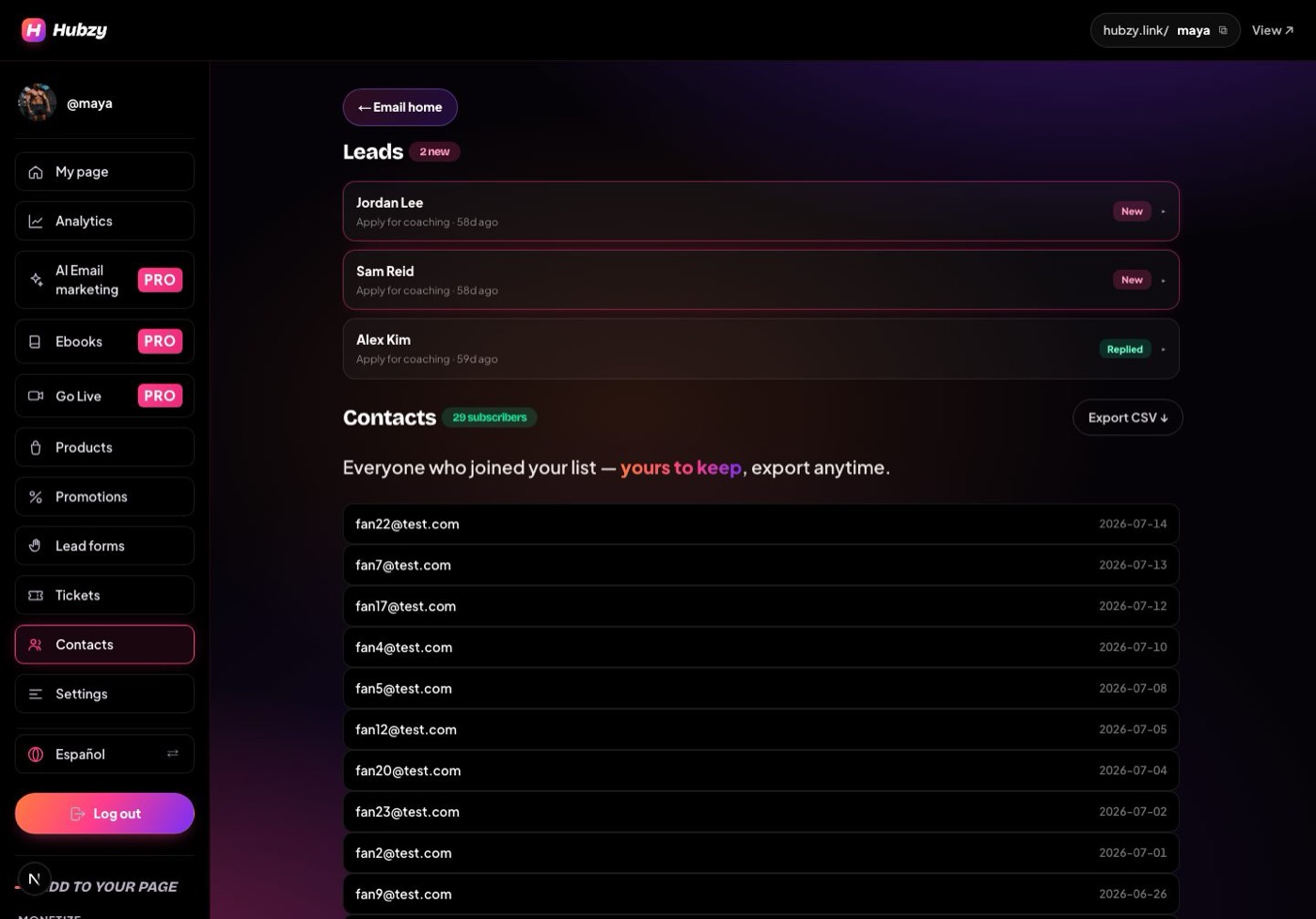 Contacts: every buyer and form fill on one list the creator owns and can export.