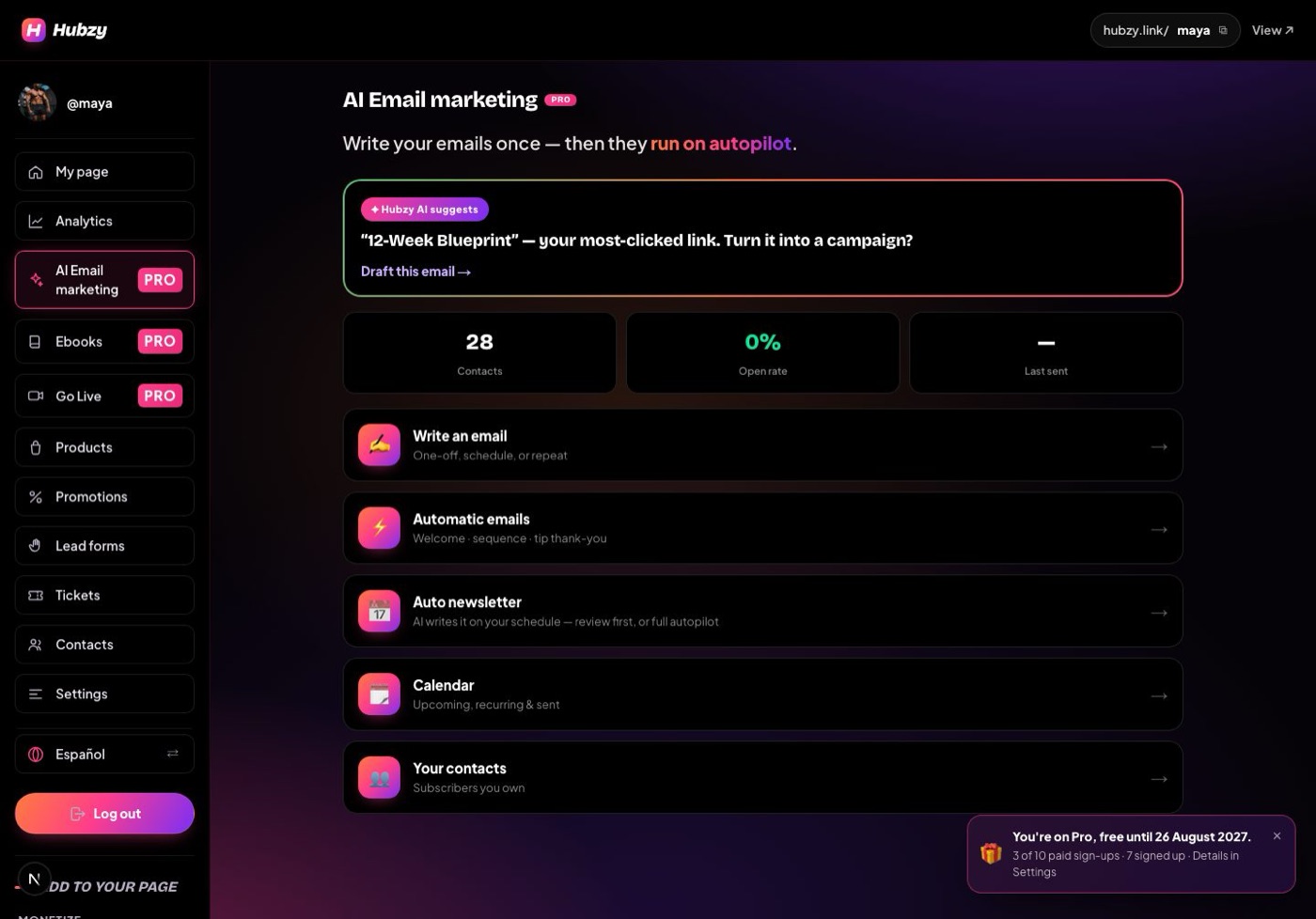 The creator dashboard: AI email marketing hub with the next campaign drafted and ready.