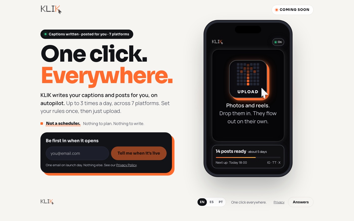 The coming-soon page: early-access email box, in English, Spanish and Portuguese.