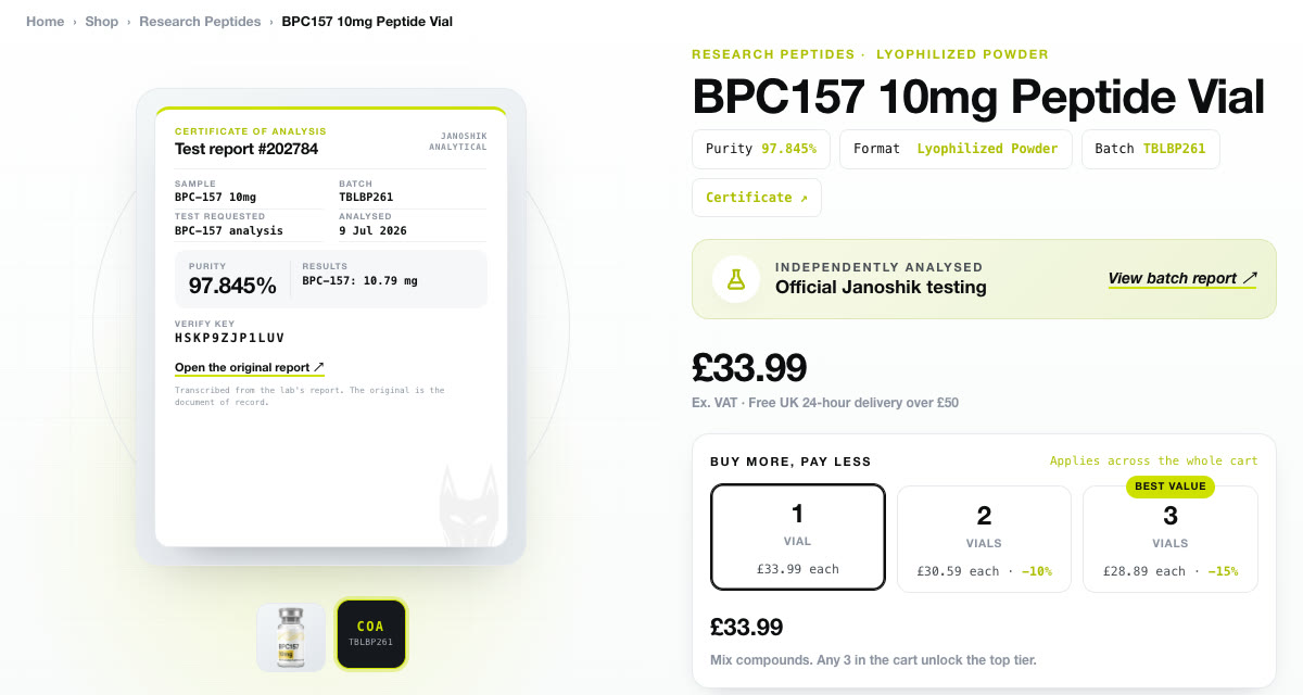 Thoroughbred Labs: the certificate card and buy-more tiers on a product page.